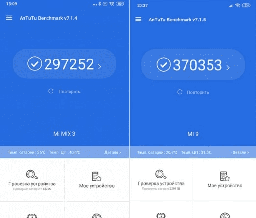 Сравнение производительности по AnTuTu для Mi Mix 3 и Xiaomi Mi 9